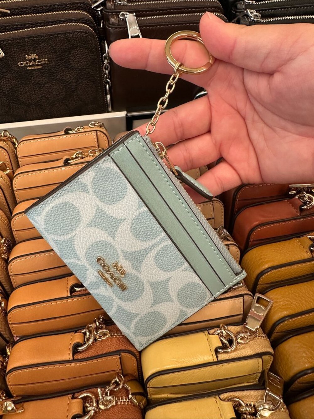 NWT! Coach CW870 Mini Skinny ID Card Case In Signature Canvas Gold/Light Blue
